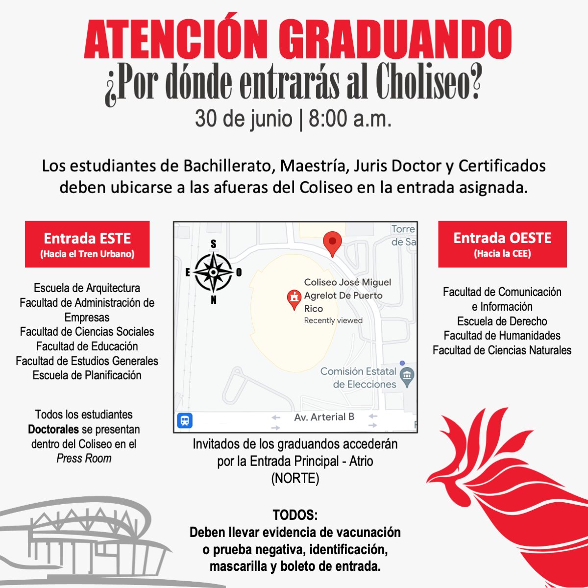 uprrp's tweet photo. 📣¡Atención Graduando! 👩🎓🧑🎓👨🎓¿Por dónde entrarás al Choliseo? Los estudiantes deben ubicarse a las afueras del Coliseo en la entrada asignada.👩🦰👨Invitados de los graduandos entrarán por la entrada principal (Atrio) #GradUPRRP2022 #Clase2022 #801x100pre #yoamolaiupi #OrgulloUPR https://t.co/PhvzZZswQQ