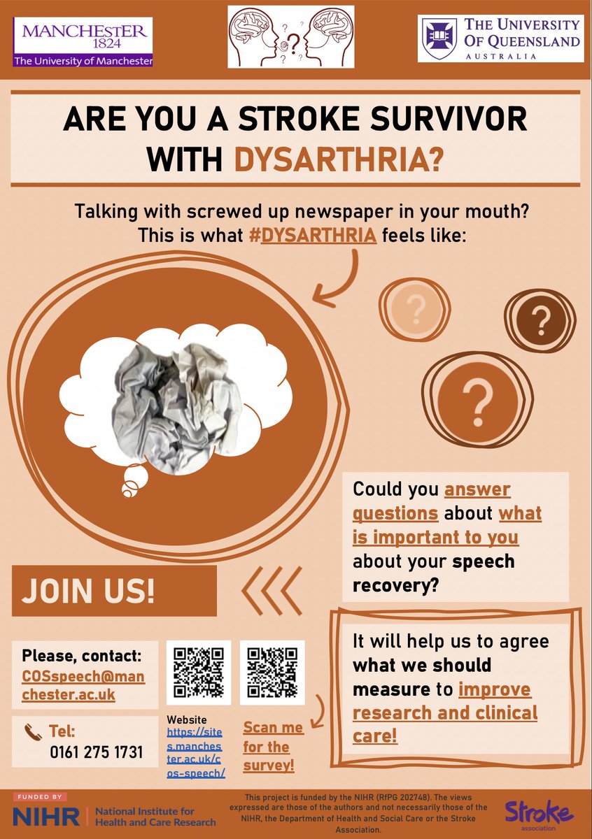 Our survey to agree on a Core Outcome Set for #Dysarthria is out! If you are a SLT, a researcher or a stroke survivor (from UK or AUS), please take part here: delphimanager.liv.ac.uk/COSSPEECH/Delp…… 
Feel free to share this flyer and thanks a lot for your support! <a href="/LANCEN_SLT/">LANCEN</a>