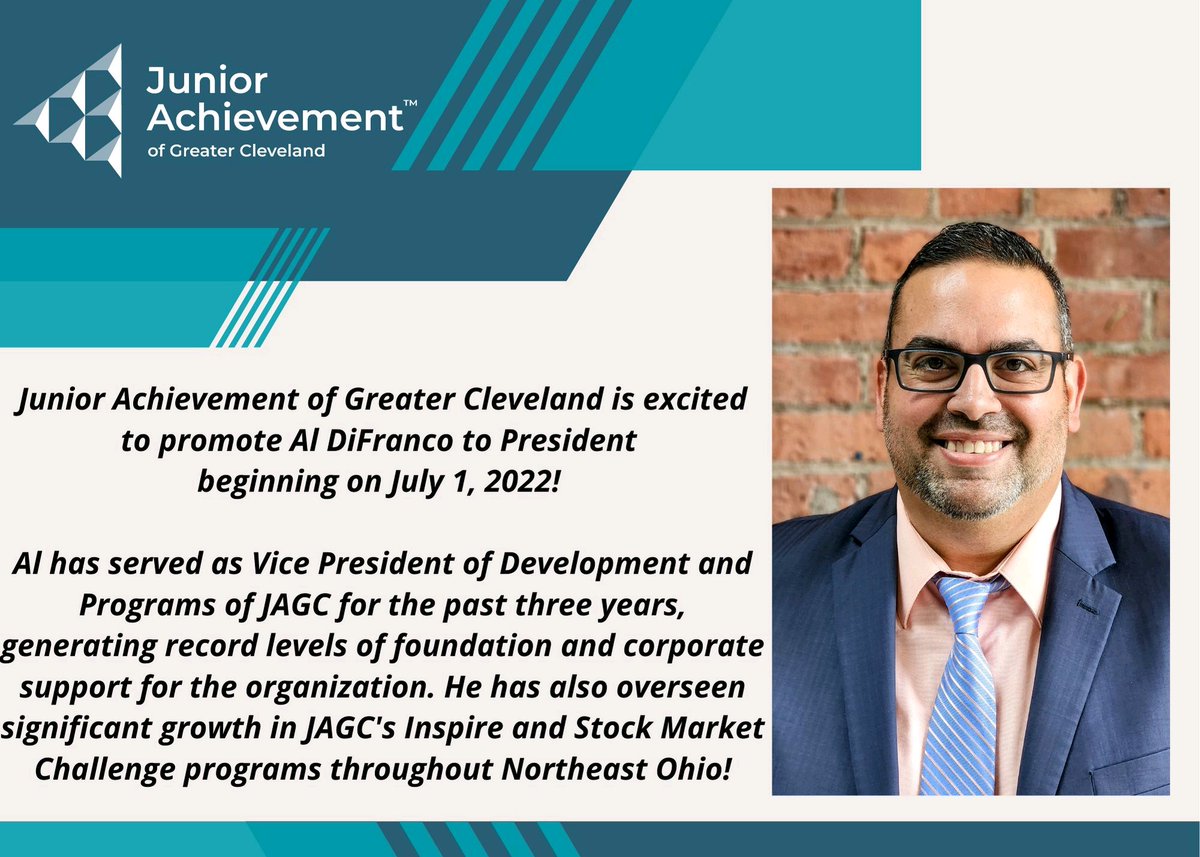 Please help us congratulate Al DiFranco (<a href="/adifranco77/">Al DiFranco</a>) as he steps into his new role as President of Junior Achievement of Greater Cleveland! 

We are beyond excited to see where he leads our organization!