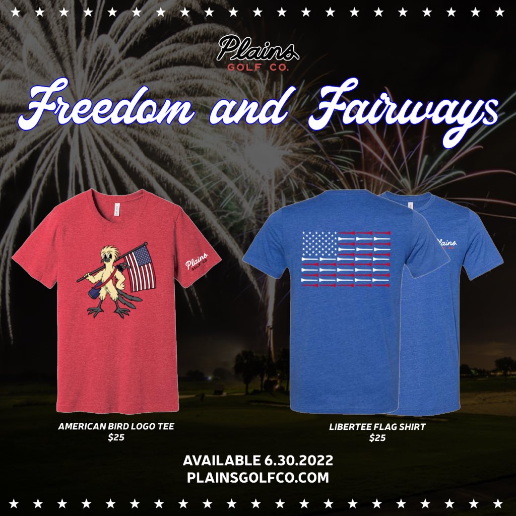 PlainsGolfCo's tweet photo. Freedom &amp; Fairways 🇺🇸

Our USA collection launches TOMORROW at Noon! Get ready to hit some bombs in the red, white, and blue 💣

https://t.co/iNoNWD7NDK https://t.co/opF7HyaiJe