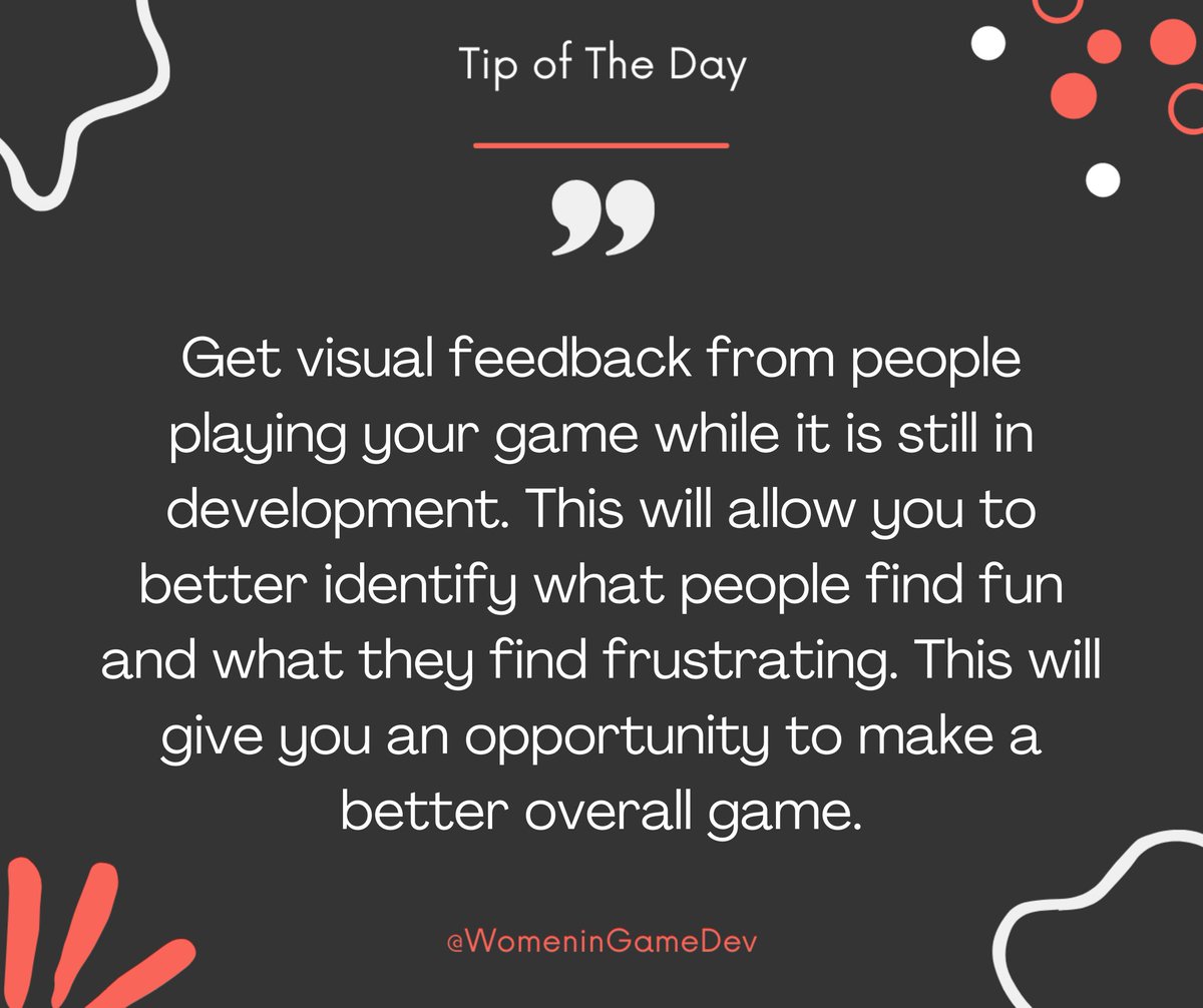 WomenInGameDev's tweet photo. It's important to get feedback from people as you are in development so you can avoid these frustrations after launch. This will ensure your game is a success once it is released. You want lots of opinions prior to even launching to the public! #gamedevelopment #tipoftheday https://t.co/sSfxaMyhCi