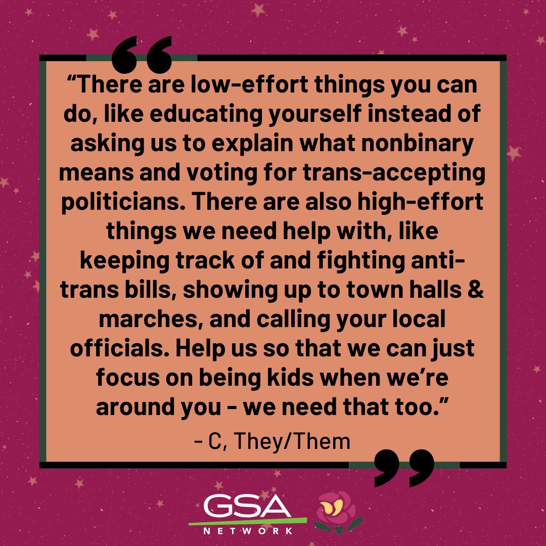 GSANetwork's tweet photo. #TQyouth are asked to be leaders in the movement towards liberation.And while we celebrate their leadership &amp; power, they also deserve to just be young people.

There are a multitude of things that supporters can do to take the pressure off youth to advocate for themselves alone. https://t.co/IAcQWetq3J