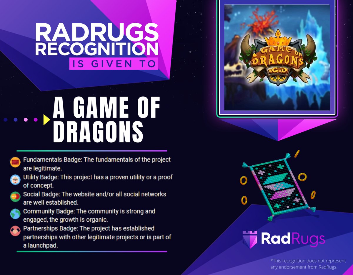 Congratulations @aGameOfDragons for your low-risk score!

📢 Whitelist Giveaway: 5 winners

1⃣ Like &amp; RT
2⃣ Follow @aGameOfDragons
3⃣ Follow @RadRugsApp 
Winners will be randomly picked in 48h.

The full report is available: app.radrugs.io