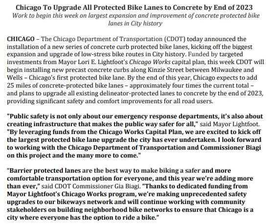 Major bike safety improvements are coming to Chicago: CDOT will soon begin installing new pre-cast concrete curbs along several bikeways, kicking off our plan to upgrade all currently protected lanes to concrete by the end of 2023. #ChicagoWorks