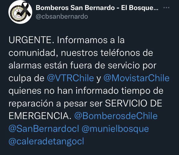 Estimada Comunidad!
Solicitamos su apoyo para realizar la máxima difusión de este actual inconveniente, que impide directamente acudir a quienes hoy nos necesitan.

<a href="/MovistarChile/">Movistar Chile</a> 😡
<a href="/VTRChile/">VTRChile</a> 😡

<a href="/TVN/">TVN</a> 
<a href="/canal13/">El 13</a> 
<a href="/meganoticiascl/">Meganoticias</a> 
<a href="/CHVNoticias/">CHV Noticias</a> 
<a href="/RadioCarolina/">Radio Carolina</a>