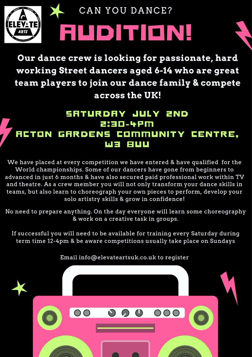 Auditions this Saturday for young dancers to join Square 1, our junior competition crew...we would love to meet you. Free to audition - email or DM us! 😎