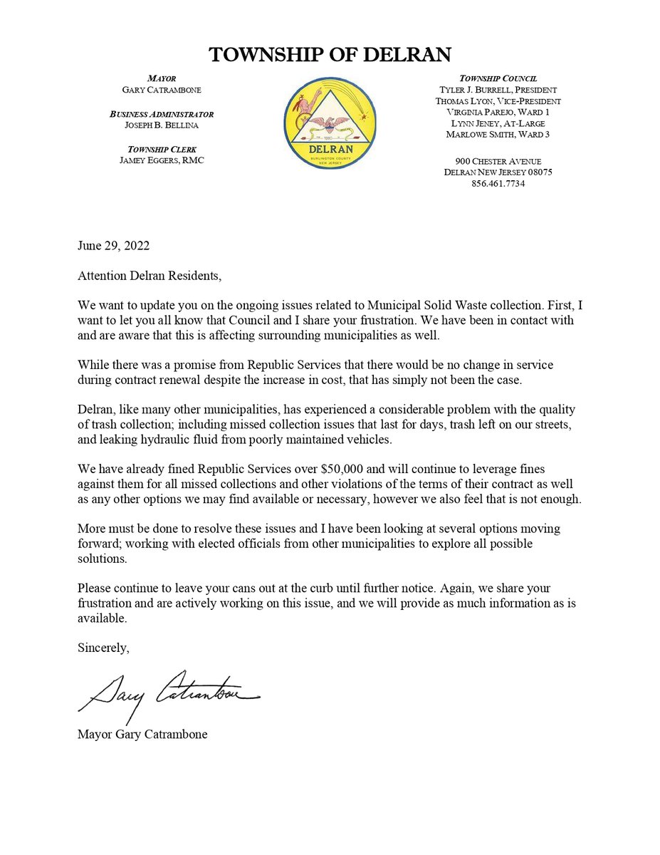 Attention Residents: please see the following update regarding issues surrounding trash collection with Republic Services.