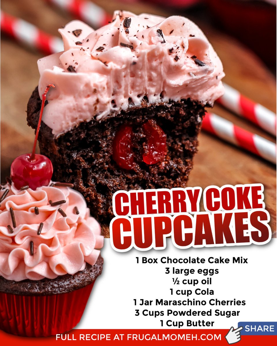 An easy recipe for tasty cherry coke cupcakes made with chocolate cake mix, cola, and maraschino cherries. A perfect treat for any occasion!

Get the FULL recipe &gt;&gt; frugalmomeh.com/cherry-coke-cu…