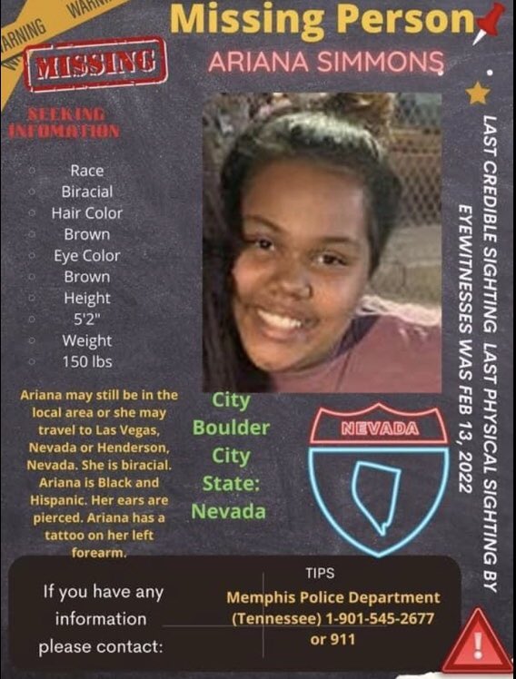 🛑MISSING🛑
ARIANA SIMMONS 

LAST SEEN FEBRUARY 13, 2022
BOULDER CITY, NEVADA

#mmiw #mmiwusa #mmiwg #missingindigenouswomen #findourmissingpoc #findourwomen #nevada #mmiwnevada #missinginnevada #NativeTwitter