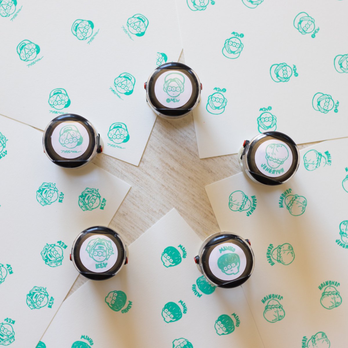 I made SHINee V self-inking stamps! Mostly for myself but also for you bc there was a buying minimum 😂 Default is pearl aqua ink but a few with black ink also available. Each stamp lasts for thousands of impressions and you can refill if needed!