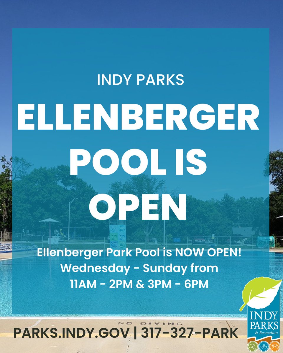 ELLENBERGER PARK POOL IS NOW OPEN FOR THE SEASON starting TODAY June, 29! Stop by Wednesday-Sunday 11-2 PM &amp; 3-6 PM for a swim. FREE pool passes to Marion County Residents, to learn more click here: bit.ly/3Gq4E4m

#irvington #indyparks #swimmingpool