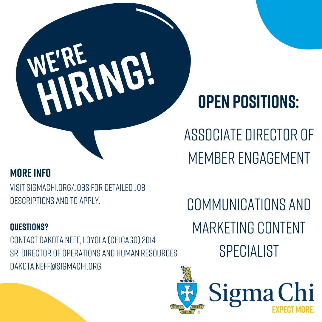 SigmaChi's tweet photo. Sigma Chi International Fraternity is searching for candidates for its Associate Director of Member Engagement and Communications and Marketing Content Specialist positions. Visit https://t.co/lq4vhC1IU4 for full detailed job descriptions, and to see all other openings. #hiring https://t.co/OG2q30d00c