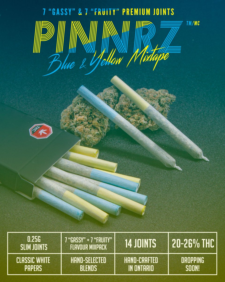pinnrz's tweet photo. 🔥 We are PUMPED to announce the upcoming release of PINNRZ™ Mixtape! 14 beautifully hand-crafted Blue &amp; Yellow PINNRZ™ loaded with our classic flavours.

✅ 7 PINNRZ™ Blue “Gassy” flavours
✅ 7 PNNRZ™ Yellow “Fruity” flavours
✅ Available starting July 5 across Ont. https://t.co/VFThtu9yHX