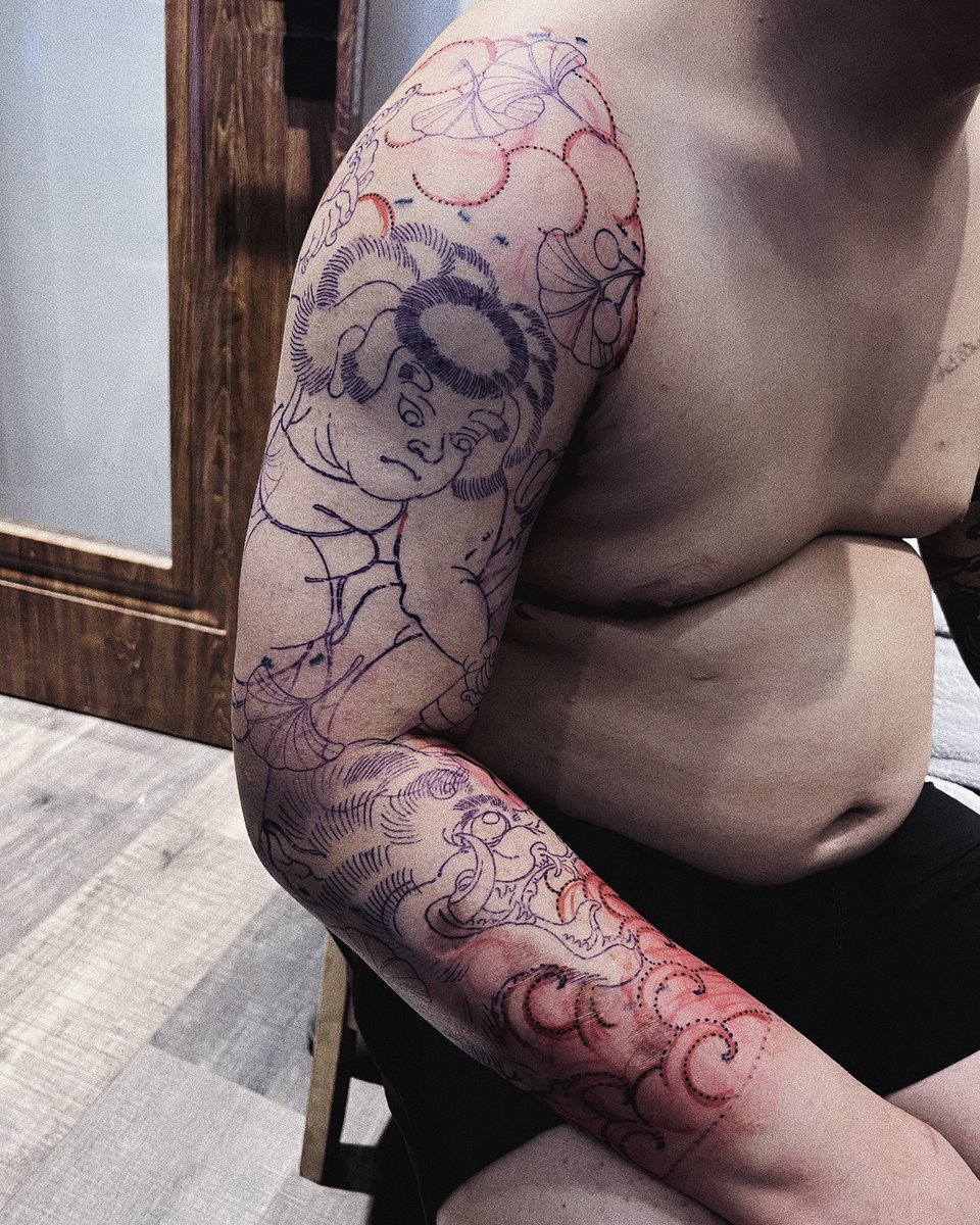 yintattoo's tweet photo. 花臂的制作过程，来自哈尔滨的同行小老弟。#tattoos #刺青師 #花臂 #刺青 https://t.co/w2meOHetTL