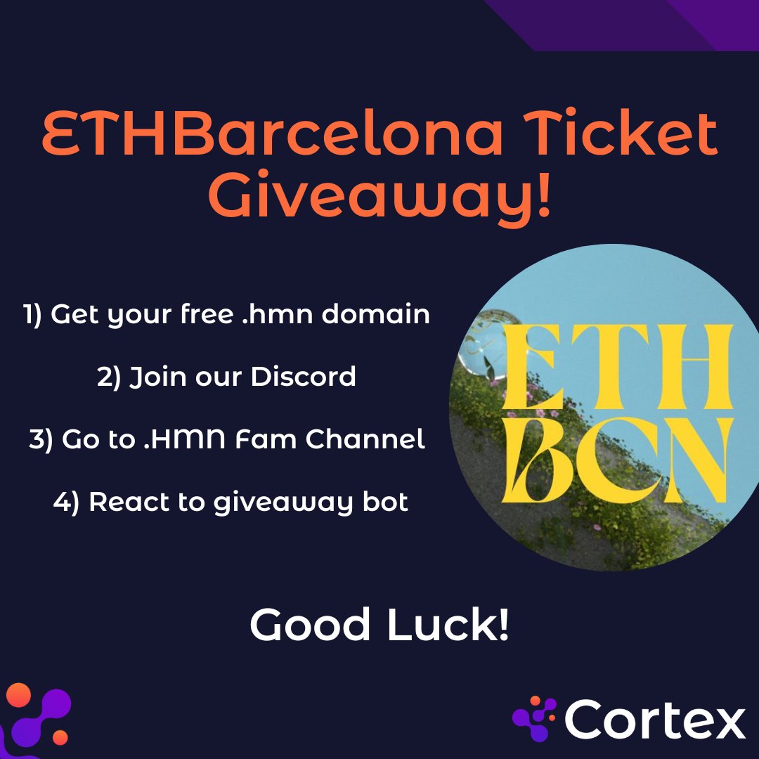 crtx_io's tweet photo. Only 2 days left to enter our @eth_barcelona giveaway! 🎁
Get started by heading over to https://t.co/CjrRVc2K1T to get your free .hmn domain, then head over to our Discord https://t.co/aEx6eS7adr and follow the final steps!
Good luck!
#EthBarcelona #Cortexgiveaway #ETH https://t.co/4aZDz39LWS