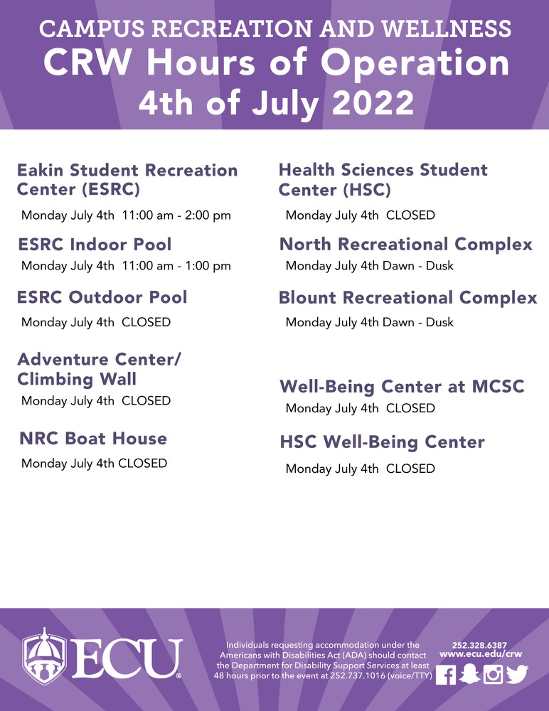 Please see the updated hours for all ESRC facilities as well as the NRC Boathouse and recreational areas for Monday, July 4th!🇺🇸🎆 Enjoy the holiday Pirates!💜