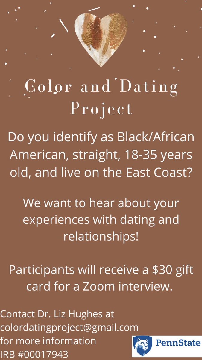 _LizHughes's tweet photo. East Coast folks! I’m currently recruiting for my project if you are or know anyone interested in participating. Email: colordatingproject@gmail.com for questions and/or more information! https://t.co/i8aLhLfYMo