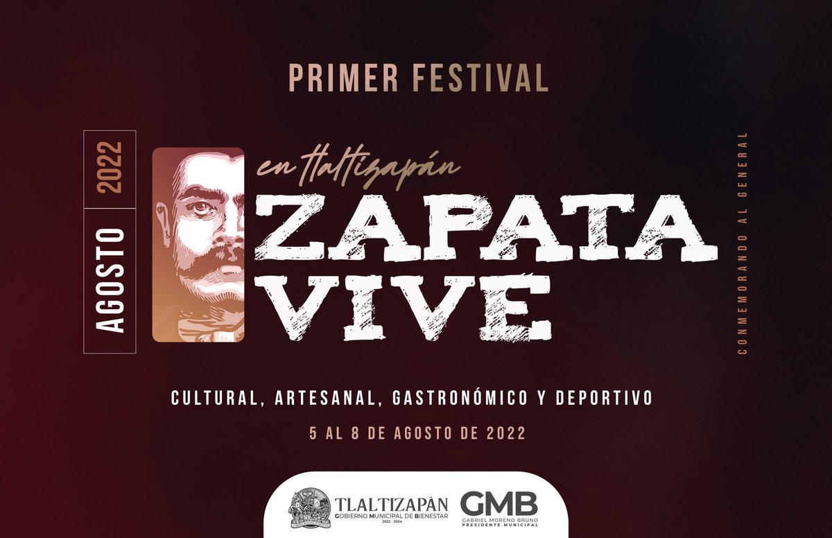 GMBMorenoBruno's tweet photo. Amigas y amigos de #Tlaltizapán, tierra de la revolución del sur, quiero invitarlos a vivir el Primer Festival Cultural, Artesanal, Gastronómico y Deportivo, conmemorando el Natalicio del General Emiliano #Zapata. 

¡En Tlaltizapán, Zapata Vive! 

¡Nos vemos del 5 al 8 de agosto! https://t.co/bU0YfVLG7F