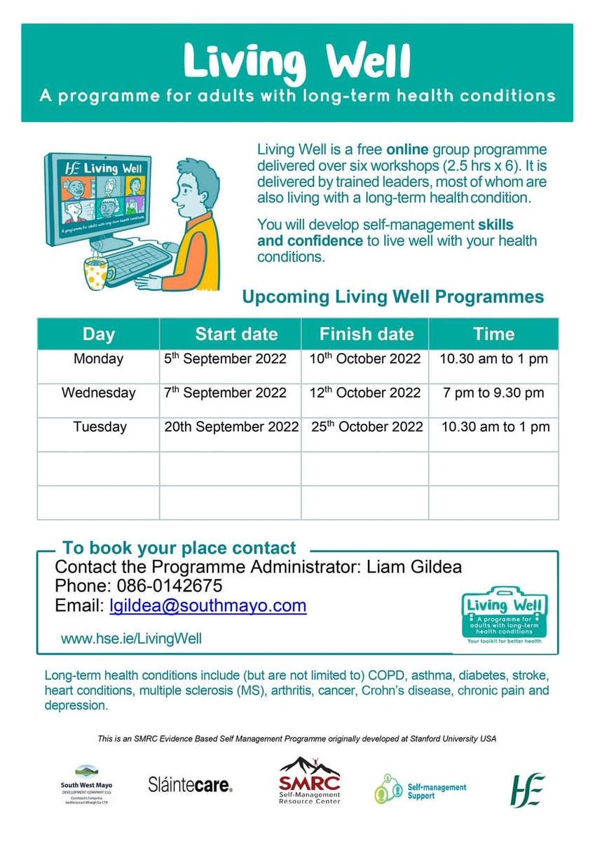 Living Well self-management programme supports people living with long-term health conditions to develop skills and confidence to become active self-managers. New dates below. Online delivery. Referrals and self-referrals welcome from across Galway, Mayo, Roscommon.