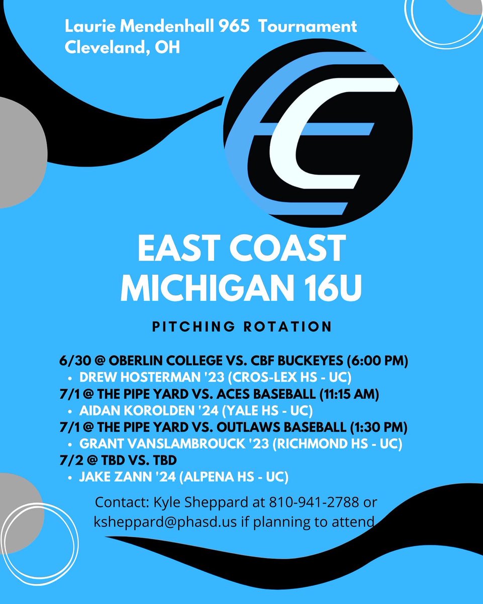 East Coast Michigan ⚾️ (@ecmbaseball) on Twitter photo Our Rotation and Schedule for the <a href="/965_MWChallenge/">965 MC/Ohio Baseball Tournaments</a> in Cleveland this weekend. We are excited to compete in Ohio. Our 17U team is off. Our Rotation and Schedule for the <a href="/965_MWChallenge/">965 MC/Ohio Baseball Tournaments</a> in Cleveland this weekend. We are excited to compete in Ohio. Our 17U team is off.