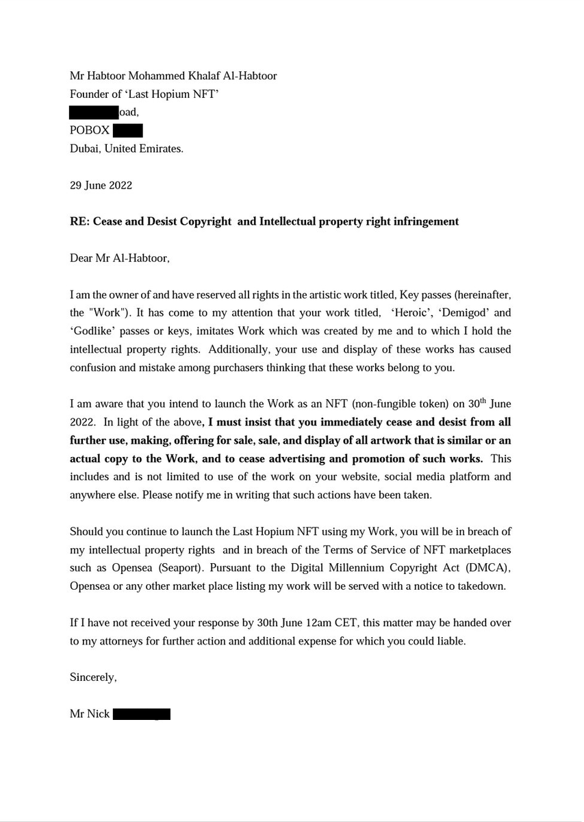 Noxx_Art's tweet photo. It seems that @lasthopium suddenly decided to mint tomorrow. I am the artist of the key passes and I have served Habtoor a cease &amp; desist pursuant to the DCMA. OS will be issued a takedown notice if launched. I do not want anyone in the space to lose their investment. https://t.co/CEel1OCLGJ