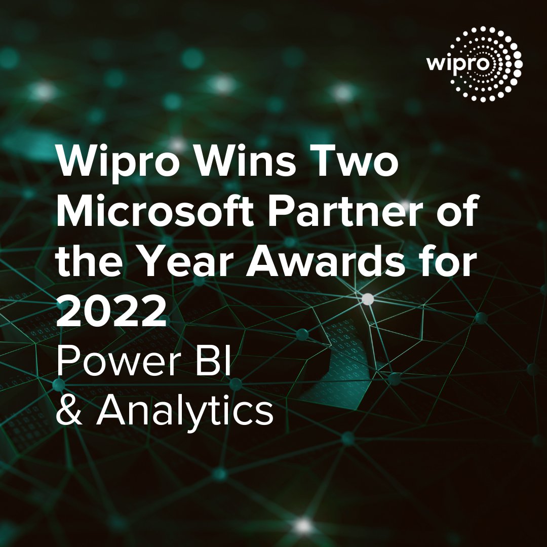 We’re pleased to announce that Microsoft has awarded Wipro two Microsoft Partner of the Year awards for 2022 — Power BI &amp; Analytics — and finalist in IoT!

These are Wipro’s biggest wins yet at the awards. Thanks <a href="/Microsoft/">Microsoft</a> and congratulations #TeamWipro!

partner.microsoft.com/en-us/inspire/…