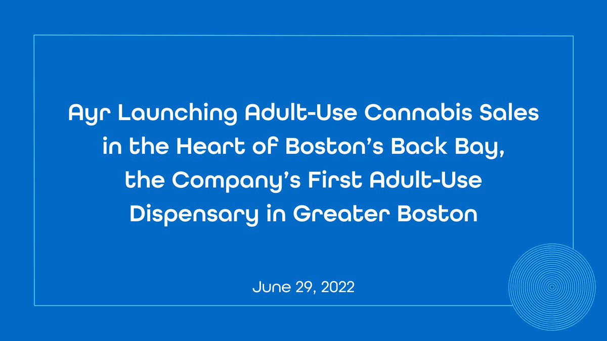 AYRWellness's tweet photo. We have exciting news coming out of Massachusetts today: Adult-use sales will begin on Saturday, July 2nd at AYR Back Bay, our flagship dispensary in Boston. #AyrWellness $AYR.A $AYRWF https://t.co/Yyu8aBQBC2 https://t.co/cPqGB2Sl22