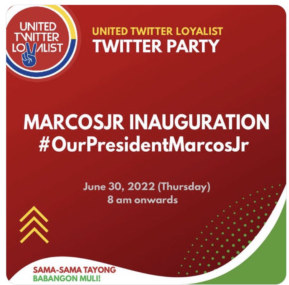 Eto yong official tagline and ht starting at 8 am. Let’s all show support for our incoming Prez, mga kaUniteam! ❤️💚 Lagi nilang hinahanap ang 31M+ at bakit daw di nagsecelebrate? Pwes, let’s trend at PBBM’s inauguration day! ✌️❤️🇵🇭  MARCOSJR INAUGURATION #OurPresidentMarcosJr