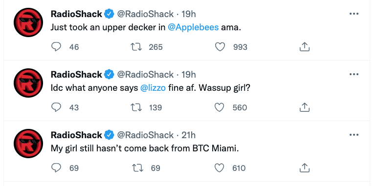 brentalfloss's tweet photo. WHAT IN TARNATION is going on with Radio Shack's Twitter????? https://t.co/AEbaGjRFXF