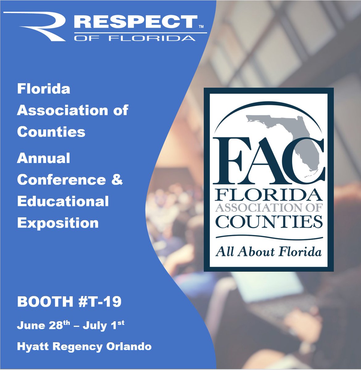 RESPECT of Florida (@respect_fl) on Twitter photo Excited for the <a href="/flcounties/">FL Assoc of Counties</a> Annual Conference this week. We would love to talk to you about commodities and services that your county may need. Come see us at Booth T-19 to see what RESPECT of Florida can provide for you while supporting Floridians with disabilities. #flcounties Excited for the <a href="/flcounties/">FL Assoc of Counties</a> Annual Conference this week. We would love to talk to you about commodities and services that your county may need. Come see us at Booth T-19 to see what RESPECT of Florida can provide for you while supporting Floridians with disabilities. #flcounties