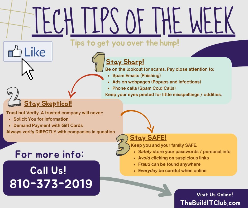 It's the middle of the week! Here are a few tech tips to help keep you and your family SAFE on the internet! 
#TechTipsoftheWeek #cybersecwednesday  #InternetSafety #techtips #fentonmi #grandblancmi #hollymi #GeneseeCounty