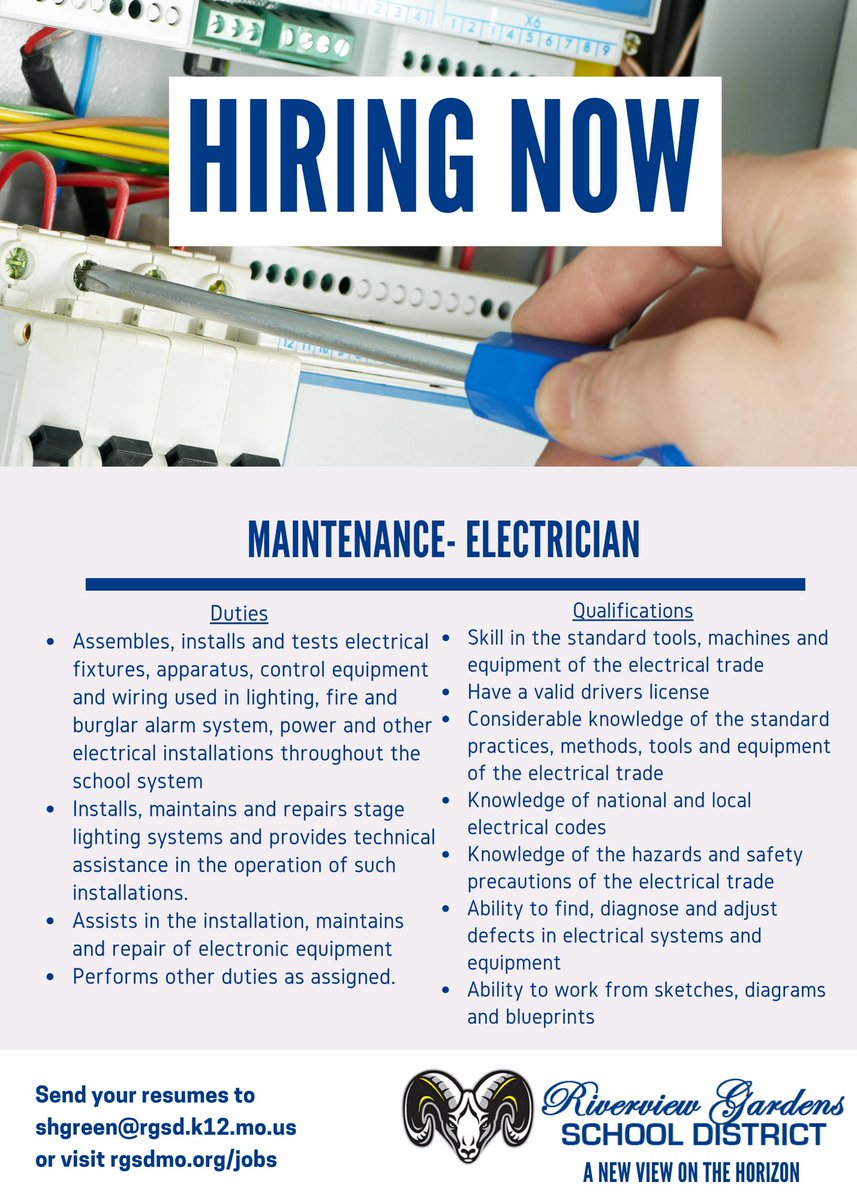 RGSDSchools's tweet photo. Riverview Gardens School District Job Opportunity -Maintenance Electrician 2022-2023 school year. https://t.co/25EwPoUyWB
#RGSD #jobalert https://t.co/UZLAwV6YB6