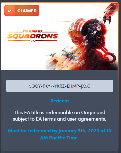 Here's a code for Star Wards Squadrons. 
I already have it so I'm giving this away to whoever gets it first. Enjoy! #freegames #StarWars #squadrons