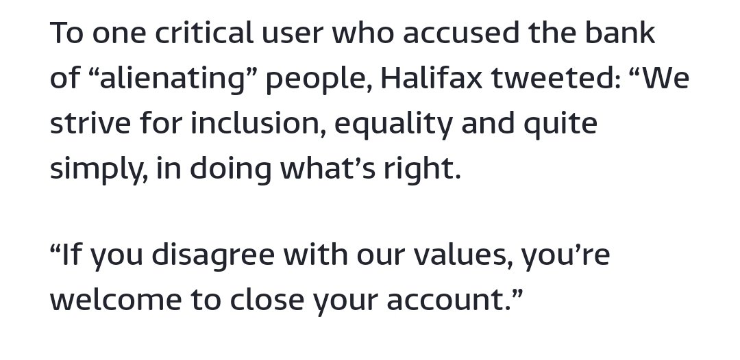 DavidFilce's tweet photo. @HalifaxBank so you "strive for inclusion" by excluding those who disagree.
You couldn't make this stupidity up
You're a bank NOT the #GenderPolice https://t.co/BKs0TY0x2T