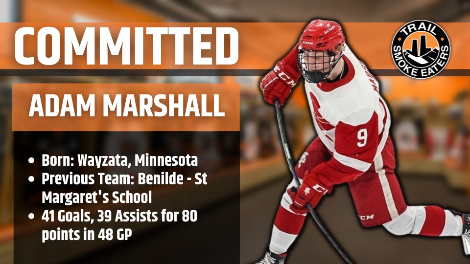 📝📝SIGNED!

The Smoke Eaters are excited to announce the signing of forward Adam Marshall for the 2022-23 season! 

📰 Details ➡ bit.ly/3bwxu7z

Welcome to the Smoke Eaters and the City of Trail Adam! #WeAreSmokeEaters