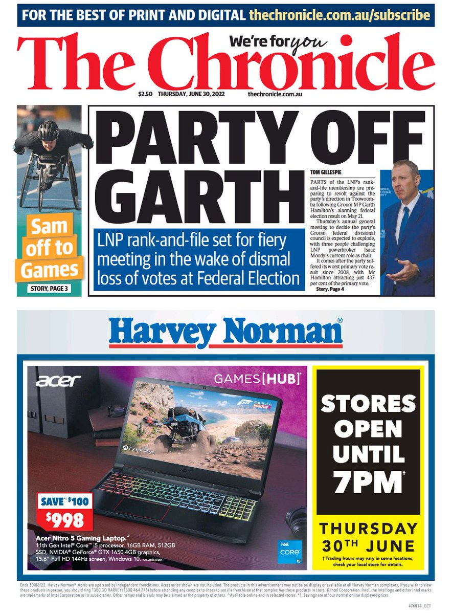 𝙵𝚛𝚘𝚗𝚝 𝙿𝚊𝚐𝚎𝚜 𝚃𝚘𝚍𝚊𝚢 📰 (@ukpapers) on Twitter photo 🇦🇺 Party Off Garth
▫LNP rank-and-file set for fiery meeting in the wake of dismal loss of votes at Federal Election
▫<a href="/GillespieTom17/">Tom Gillespie</a> 🇦🇺
<a href="/the_chronicle_/">The Chronicle</a> #frontpagestoday #Australia 📰 🇦🇺 Party Off Garth
▫LNP rank-and-file set for fiery meeting in the wake of dismal loss of votes at Federal Election
▫<a href="/GillespieTom17/">Tom Gillespie</a> 🇦🇺
<a href="/the_chronicle_/">The Chronicle</a> #frontpagestoday #Australia 📰