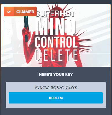 Another game I already have so I'm giving it away... Here's a code for "SUPERHOT: MIND CONTROL DELETE" on Steam.   #freegame #enjoy #superhot #Steam