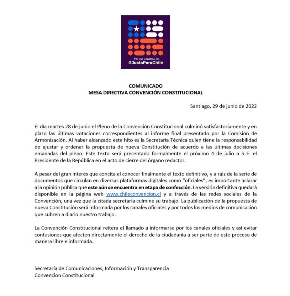 🚨Información importante:

👉El texto final de la #NuevaConstitución está siendo revisado y ordenado por la Secretaría Técnica de la Convención y SOLO estará disponible desde el 4 de julio en chileconvencion.cl 

Infórmate siempre por las plataformas oficiales 👀