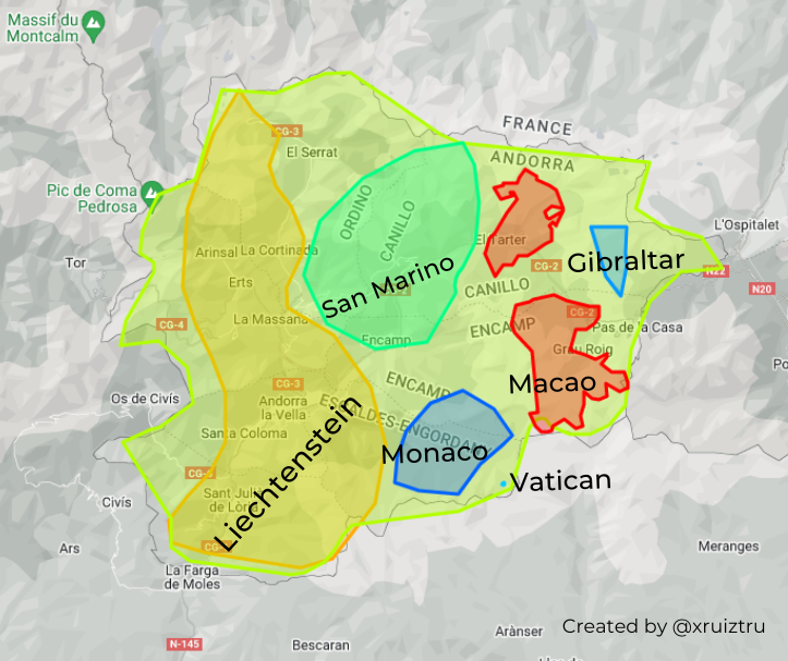 xruiztru's tweet photo. 🇦🇩 Andorra is bigger than what you might think.
It fits Liechtenstein, San Marino, Monaco, Gibraltar, Macao and the Vatican with room to spare! https://t.co/iEl7ltD4Ao