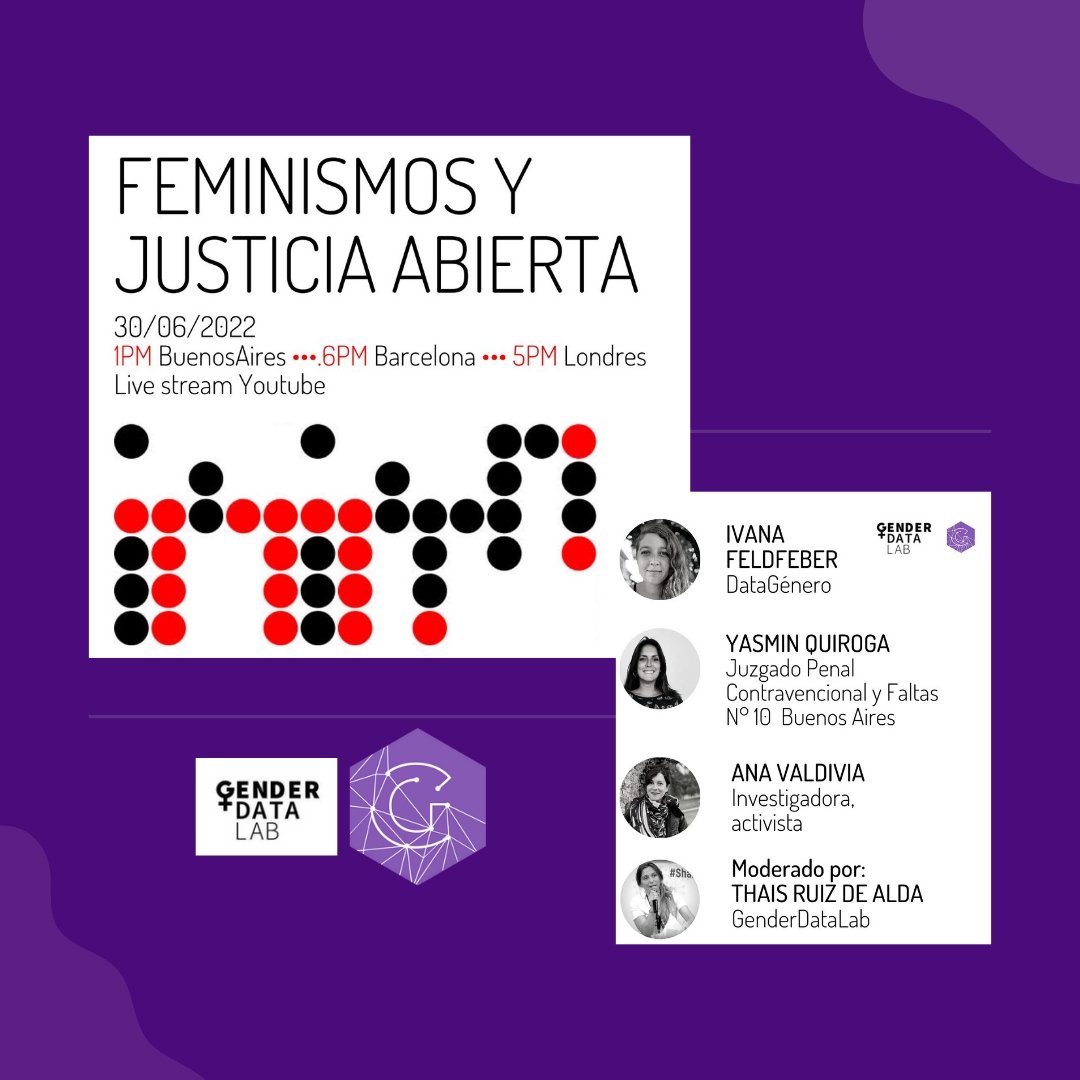 💜 ~ #Feminismos y #JusticiaAbierta ~ 

🤔¿Qué supone crear datasets con perspectiva de género en el campo de la Administración de Justicia? 
¿Estamos ante una innovación 🚀 revolucionaria?

No te pierdas esta charla moderada por @genderdatalab 📢