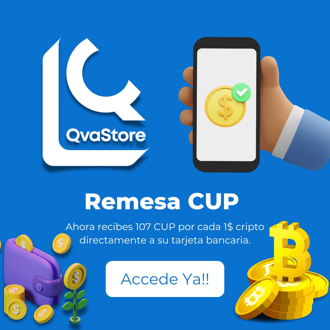 QvaStores's tweet photo. ✅ NUEVA TASA DE CAMBIO ✅

💳 Remesa CUP
💳 Ahora recibes 107 CUP por cada 1$
💳 Envías 100$, recibes 10700 CUP

💡 Recuerda que puedes pagar con más de 7 criptos, incluido #Bitcoin 
🤖 https://t.co/PDxVaAm6F7
🌐 https://t.co/Y9xqRjPmwt https://t.co/k4d10j6P4f