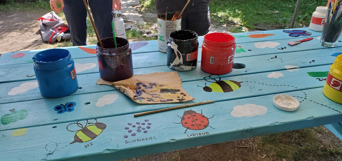 GardenKimbourne's tweet photo. While at the garden today, the local @TELUS team helped us clean up, paint and decorate some old picnic tables. Thanks for helping us #growfood and #growcommunity in #EastToronto #DanforthEast #GiveWhereWeLive https://t.co/VuC0W58LNj