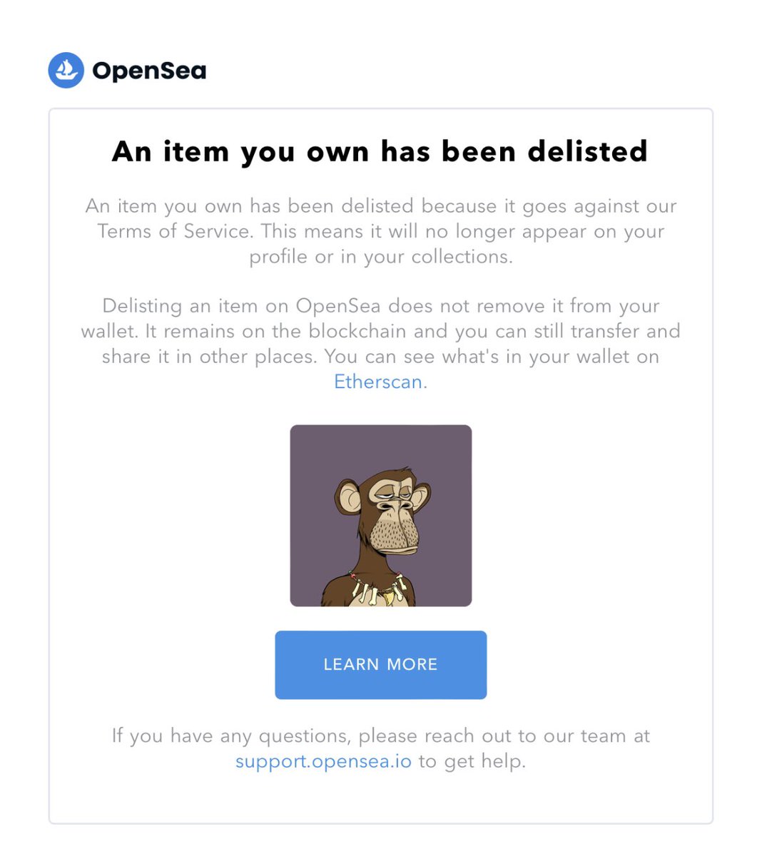 BREAKING NEWS » <a href="/BoredApeYC/">Bored Ape Yacht Club 🍌</a> Members Are Receiving An Email From   <a href="/opensea/">OpenSea</a> That Says Their Ape Has Been Delisted From The Platform For Going Agaisnt <a href="/opensea/">OpenSea</a>’s Terms Of Service.

Stay tuned for updates