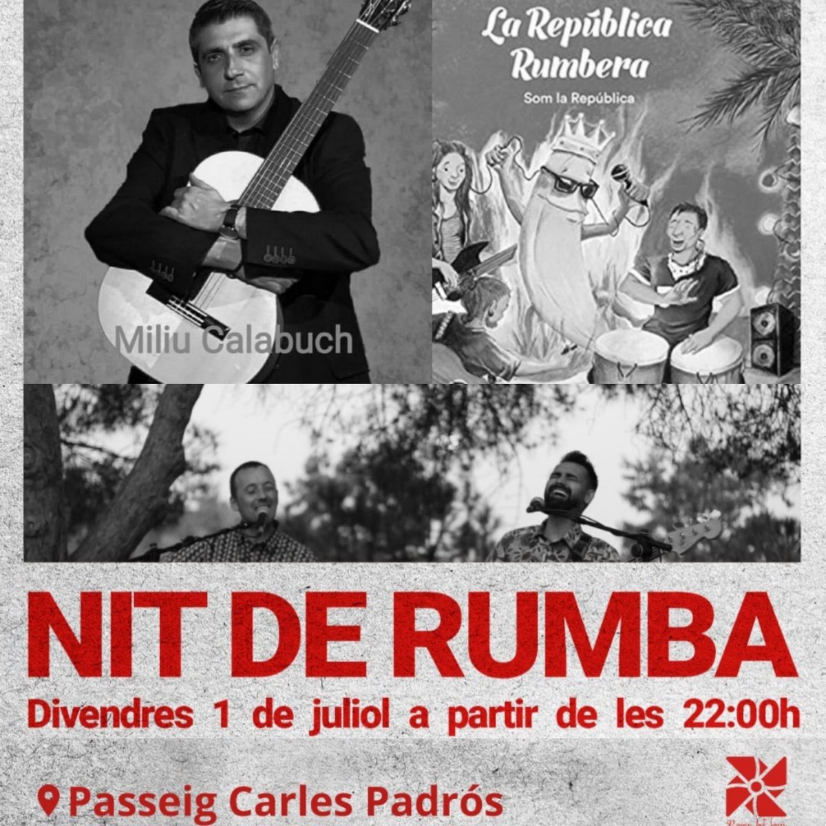 Rumber@s ens veiem aquest Divendres al barri de Molins de Mataró a partir de les 22:00! Tot un plaer compartir escenari amb els amics <a href="/oscartorresband/">Oscar Torres - El cantautor rumbero</a>  i <a href="/MiliuCalabuch/">Miliu Calabuch</a> 
Que no pari la rumbaaaa!!! 
#rumbacatalana #larepublicarumbera #mataró @cmmataro <a href="/fav_mataro/">FAV Mataró</a> <a href="/matarocat/">Ajuntament de Mataró</a>