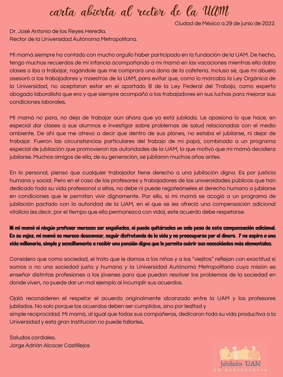 jubiladosuam's tweet photo. CARTA ABIERTA AL RECTOR
Escribe Jorge Adrián Alcocer Castillejos hijo de nuestra compañera @Margari13728627
"... dedicaron su vida a la Universidad y esta gran Institución no puede fallarles."
@Yo_SoyUAM @UAMXoc @UAM_Iztapalapa @UAMAzcOficial
 RT @velunica @yaotl23 @3edadactiva https://t.co/G5JmRcvHSf