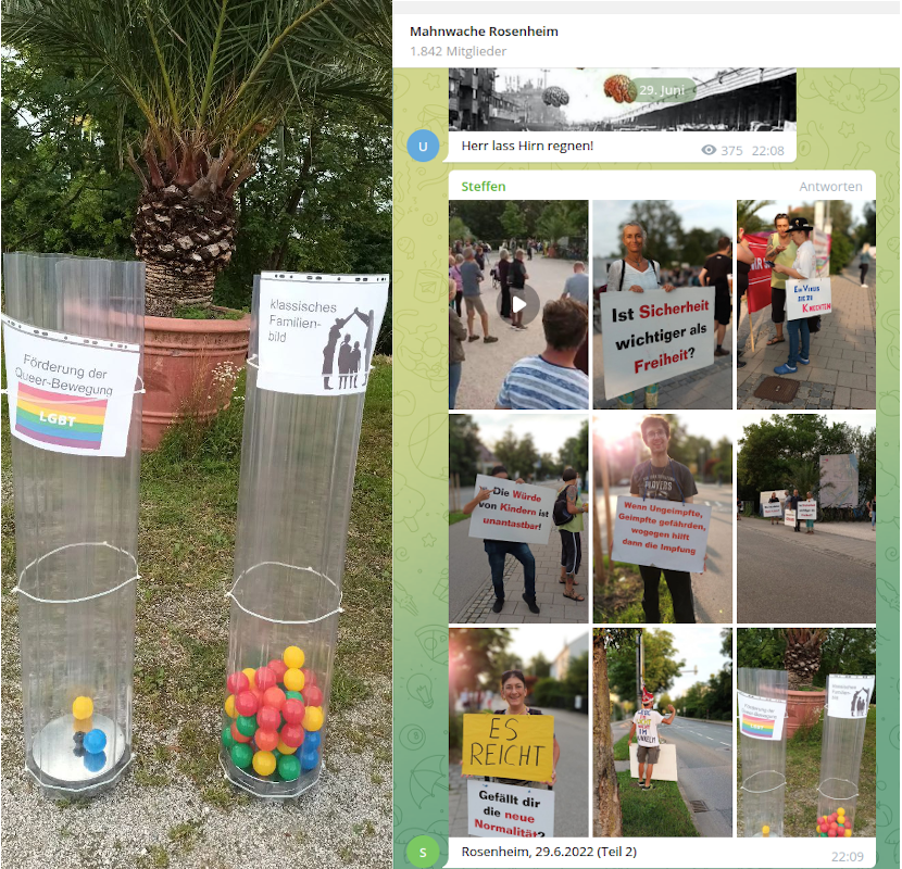 PresseMueller's tweet photo. #Feindbild #sexuelleVielfalt
#RechteNarrative sind in der #Pandemieleugner*innenszene gang und gebe. Hier ein Beispiel für das #Geschlechter und #Familienbild bei der Mahnwache in #Rosenheim (Screenshots telegram) https://t.co/aYFW8TUArO