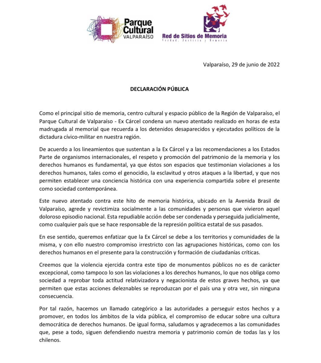 parquecultural's tweet photo. 📌DECLARACIÓN PÚBLICA.
El Parque Cultural de Valparaíso - Ex Cárcel condena un nuevo atentado realizado en horas de esta madrugada al memorial que recuerda a los detenidos desaparecidos y ejecutados políticos de la dictadura cívico-militar en nuestra región. @RSMemoria_cl https://t.co/K5u8D6r3hi