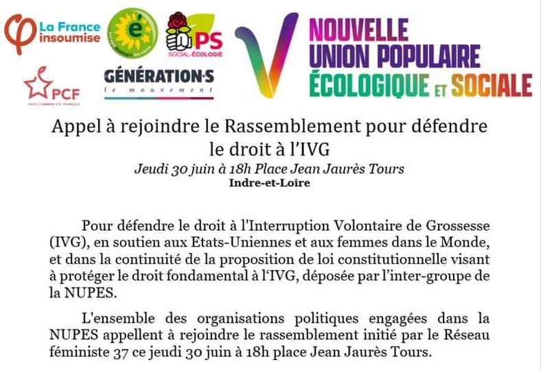 AzoDessins's tweet image. La #NUPES n&apos;a pas disparue après le dépouillement du deuxième tour, elle appelle à rejoindre le rassemblement initié par le Réseau féministe 37 demain 30 juin à 18 h place Jean-Jaurès à Tours pour défendre le droit à l&apos;IVG.
#IVGdanslaConstitution #IVG