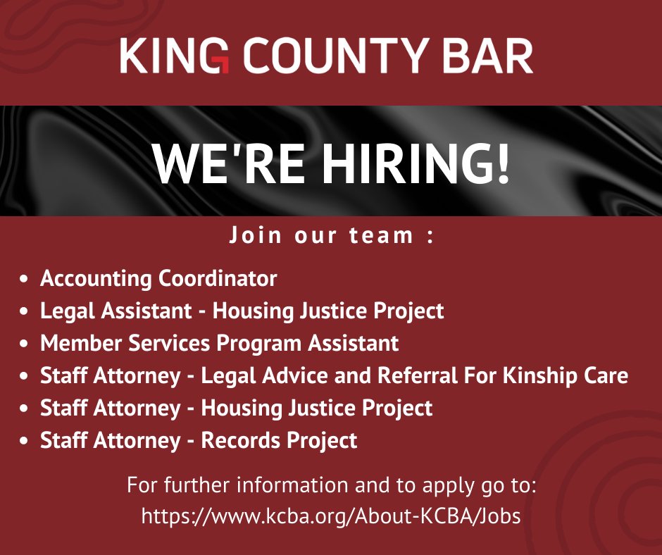 We're hiring! Join the King County Bar Team! For more information about any of the jobs listed go to: kcba.org/About-KCBA/Jobs #hiringnow #lawyers #probono #KCBA #legalcommunity #jobs #JobSearch