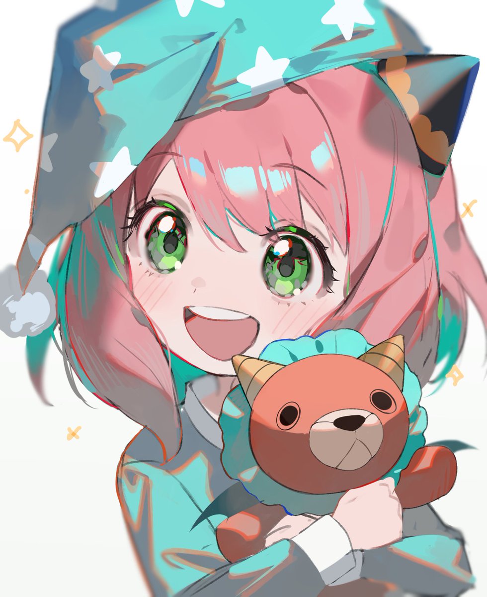 anya (spy x family) 1girl female child green eyes pink hair stuffed toy solo smile  illustration images